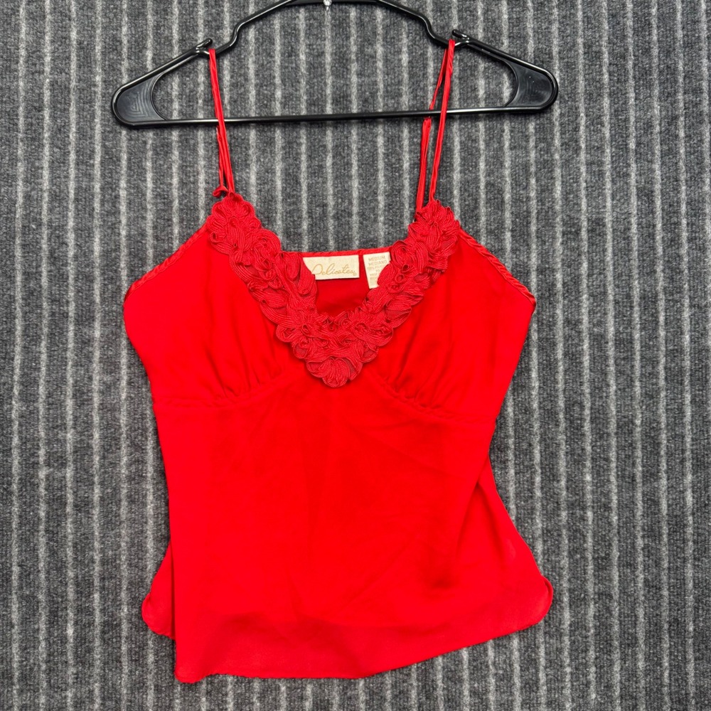 Delicates Womens Camisole Top Medium Red Embroidered V-Neck Spaghetti Strap Y2K